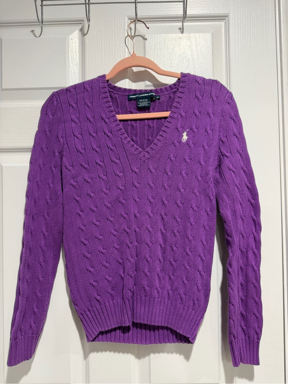 Ralph Lauren Purple Cable Knit V-Neck Sweater with Polo Logo